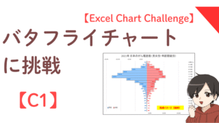 全国がん登録データを使い、男女別・年齢階級別のバタフライチャート作成に挑戦しているExcel操作イメージ図。
